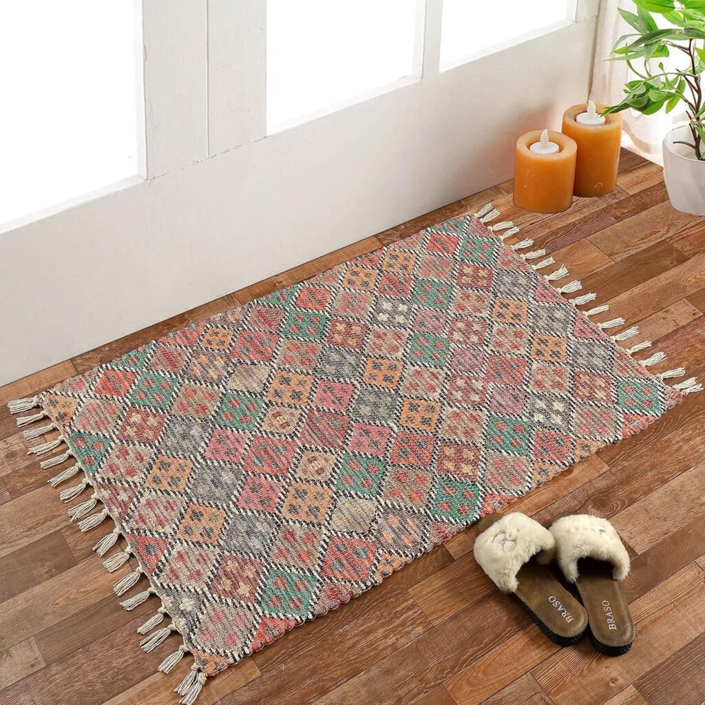TheLitLoom Handmade Printed Dhurrie Rug (2×3 feet) | Upcycled Sustainable Carpet for Home Decor