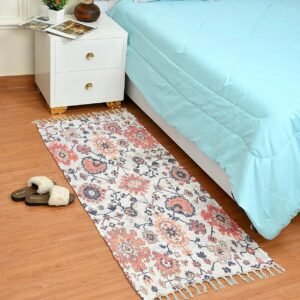 Handmade upcycled sustainable dhurrie rug with modern floral print for living room decor