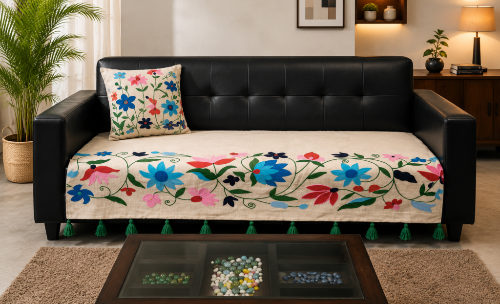 Floral Embroidered Sofa Cover with Tassels – Premium Slub Cotton Decorative Sofa Cover for Living Room