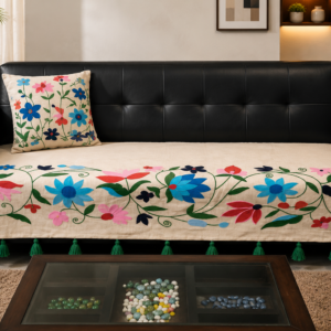 Floral Embroidered Sofa Cover with Tassels – Premium Slub Cotton Decorative Sofa Cover for Living Room