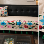 Floral Embroidered Sofa Cover with Tassels – Premium Slub Cotton Decorative Sofa Cover for Living Room