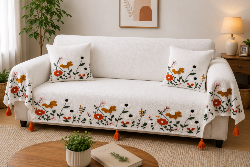 Elegant Wildflower Sofa Cover Set – Premium Slub Cotton Sofa Throw for Living Room