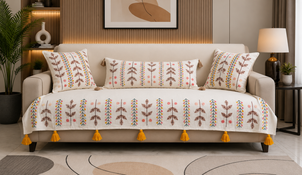 Boho Floral Sofa Cover Set with Tassels – Premium Slub Cotton Fabric Embroidered Sofa Throw for Living Room