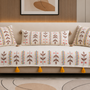 Boho Floral Sofa Cover Set with Tassels – Premium Slub Cotton Fabric Embroidered Sofa Throw for Living Room
