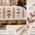 Boho Floral Sofa Cover Set with Tassels – Premium Slub Cotton Fabric Embroidered Sofa Throw for Living Room