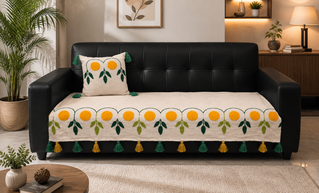 Boho Floral Embroidered Sofa Runner with Tassels – Premium Slub Cotton Sofa Cover for 1, 2 & 3 Seater Sofas