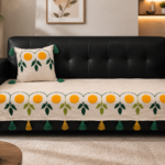 Boho Floral Embroidered Sofa Runner with Tassels – Premium Slub Cotton Sofa Cover for 1, 2 & 3 Seater Sofas