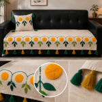 Boho Floral Embroidered Sofa Runner with Tassels – Premium Slub Cotton Sofa Cover for 1, 2 & 3 Seater Sofas