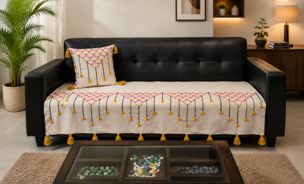 Boho Scallop Embroidered Sofa Runner with Tassels – Premium Slub Cotton Decorative Sofa Cover for Living Room