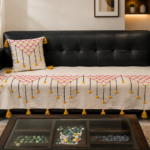 Boho Scallop Embroidered Sofa Runner with Tassels – Premium Slub Cotton Decorative Sofa Cover for Living Room