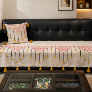 Boho Scallop Embroidered Sofa Runner with Tassels – Premium Slub Cotton Decorative Sofa Cover for Living Room