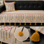 Boho Scallop Embroidered Sofa Runner with Tassels – Premium Slub Cotton Decorative Sofa Cover for Living Room