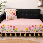 Pink Floral Sofa Cover Set – Premium Cotton Blend Embroidered Sofa Throw for Living Room