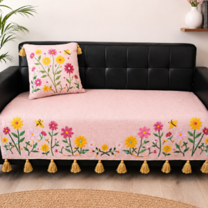 Pink Floral Sofa Cover Set – Premium Cotton Blend Embroidered Sofa Throw for Living Room