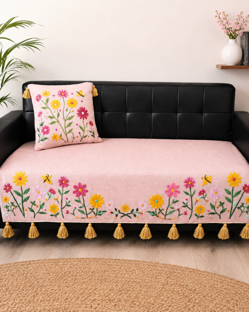 Pink Floral Sofa Cover Set – Premium Cotton Blend Embroidered Sofa Throw for Living Room