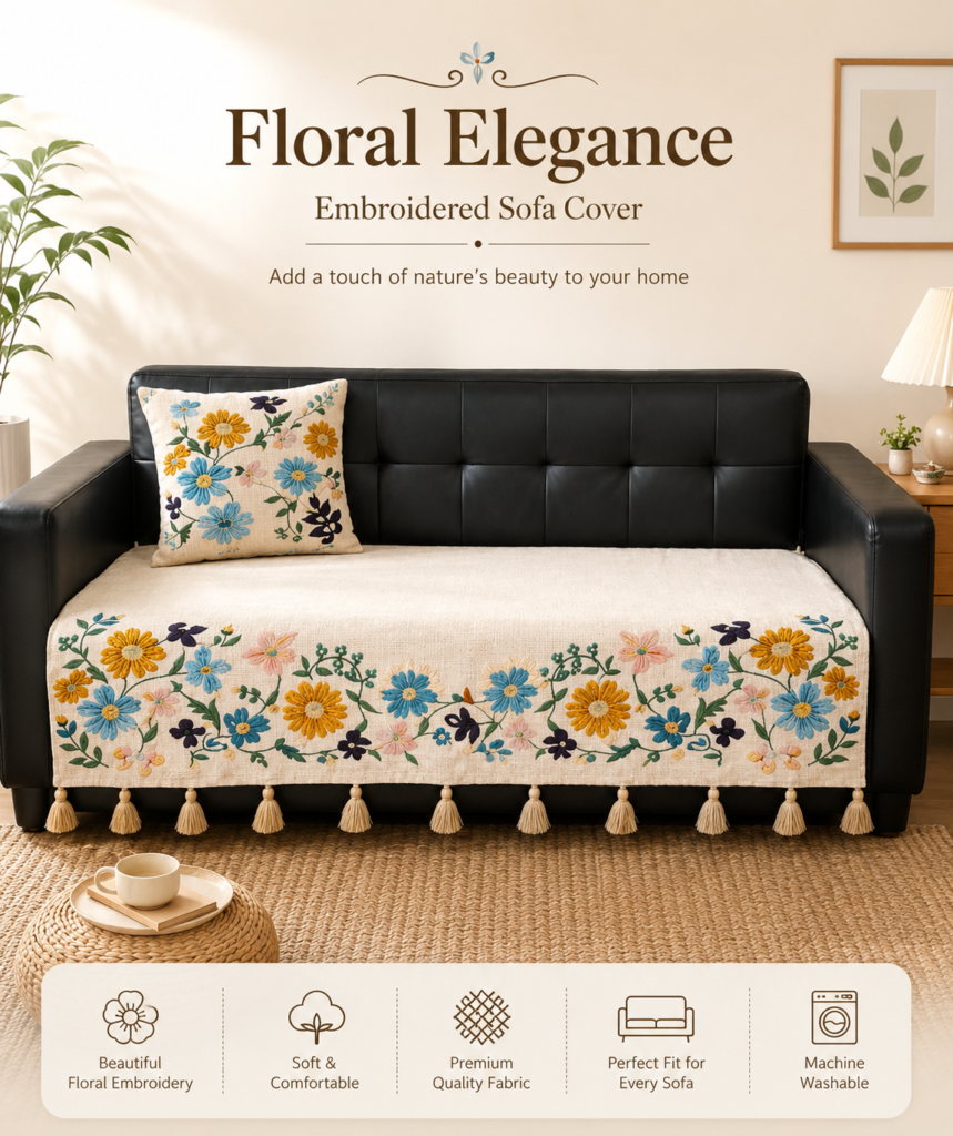 Multicolor Floral Sofa Cover Set – Premium Slub Cotton Embroidered Sofa Throw for Living Room