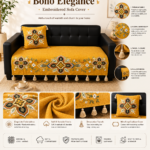 Mustard Mandala Sofa Cover Set – Hand Embroidered Slub Cotton Sofa Cover with Tassels