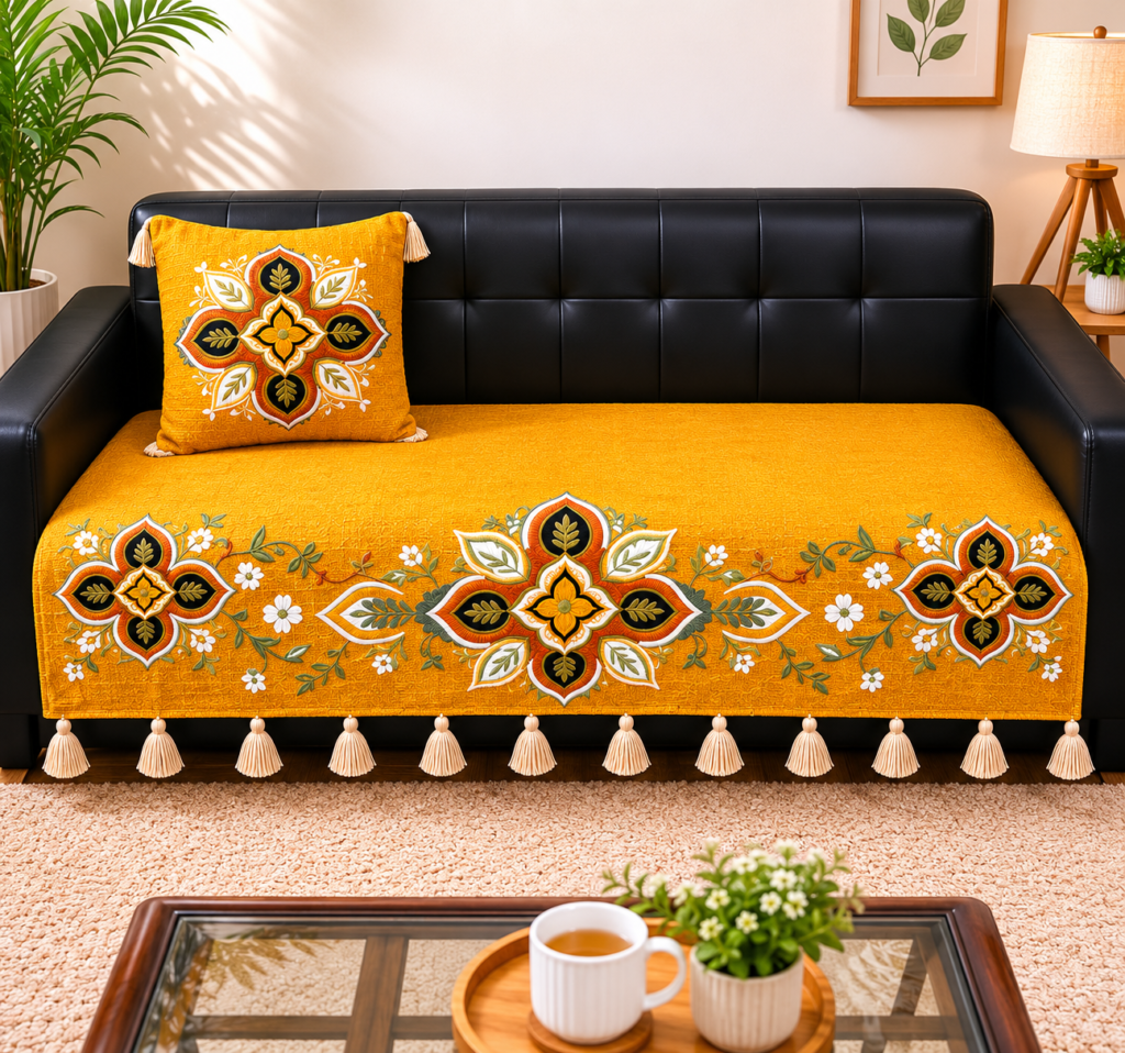 Mustard Mandala Sofa Cover Set – Hand Embroidered Slub Cotton Sofa Cover with Tassels