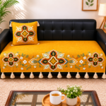 Mustard Mandala Sofa Cover Set – Hand Embroidered Slub Cotton Sofa Cover with Tassels