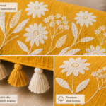 Mustard Yellow Floral Embroidered Sofa Cover with Tassels – Premium Slub Cotton Runner