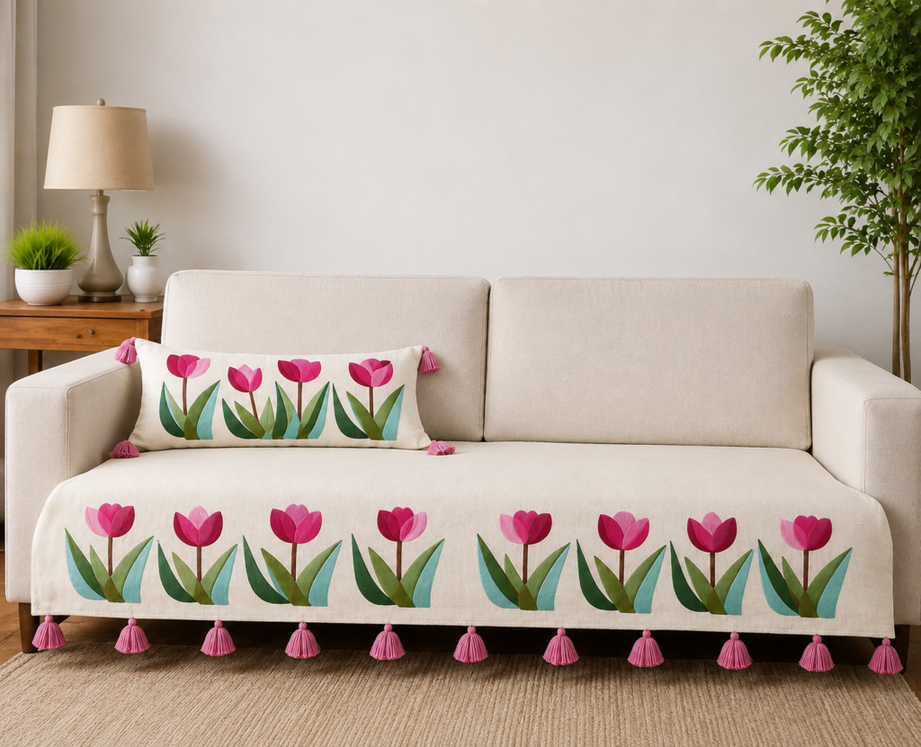 Hand Embroidered Tulip Sofa Runner/Cover with Tassels Edging – Premium Slub Cotton Sofa Throw for Living Room