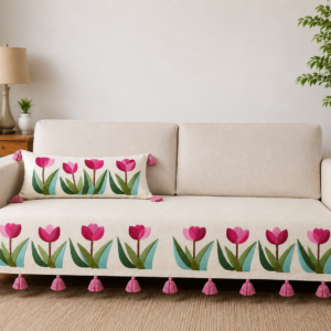 Hand Embroidered Tulip Sofa Runner/Cover with Tassels Edging – Premium Slub Cotton Sofa Throw for Living Room