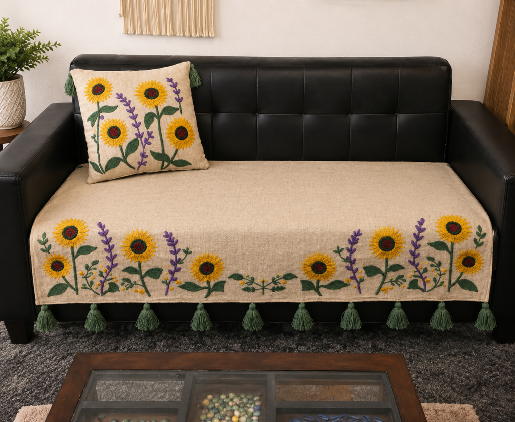 Sunflower Embroidered Sofa Cover Set & Tassels – Premium Cotton Blend Sofa Throw for Living Room