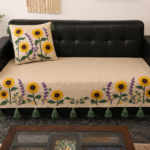 Sunflower Embroidered Sofa Cover Set & Tassels – Premium Cotton Blend Sofa Throw for Living Room