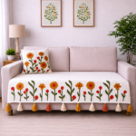 Sunflower Floral Sofa Cover – Premium Slub Cotton Designer Set with Decorative Tassels | TheLitLoom