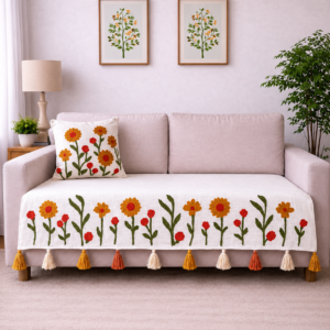 Sunflower Floral Sofa Cover – Premium Slub Cotton Designer Set with Decorative Tassels | TheLitLoom