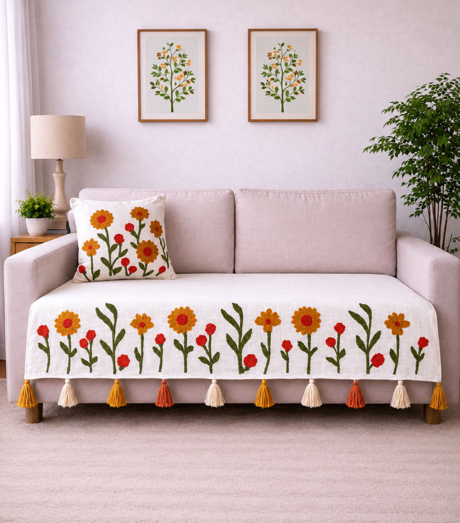 Sunflower Floral Sofa Cover – Premium Slub Cotton Designer Set with Decorative Tassels | TheLitLoom