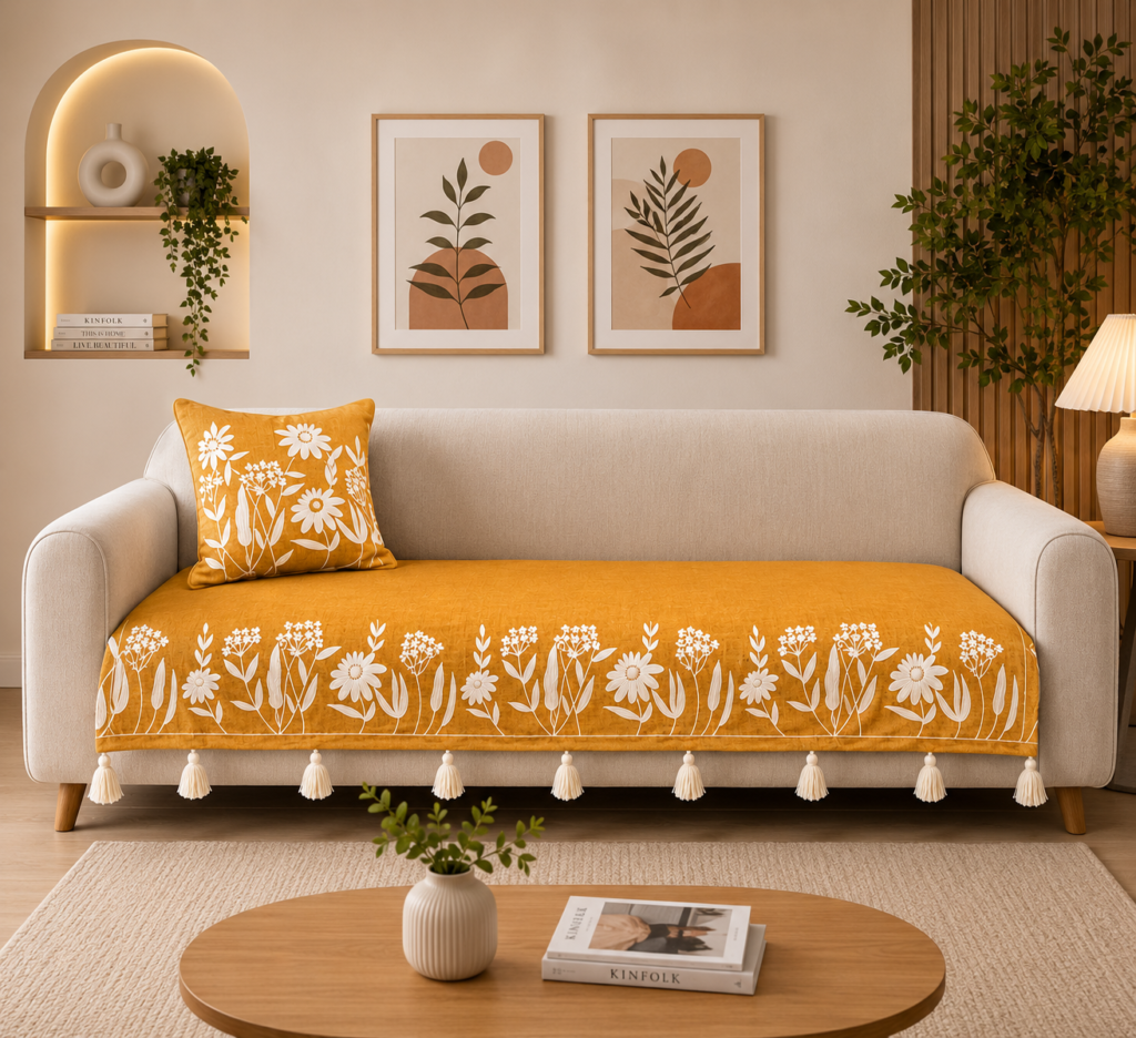 Mustard Floral Designer Sofa Cover – Premium Slub Cotton Embroidered Set with Decorative Tassels | TheLitLoom
