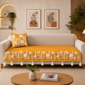 Mustard Floral Designer Sofa Cover – Premium Slub Cotton Embroidered Set with Decorative Tassels | TheLitLoom
