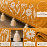 Mustard Floral Designer Sofa Cover – Premium Slub Cotton Embroidered Set with Decorative Tassels | TheLitLoom