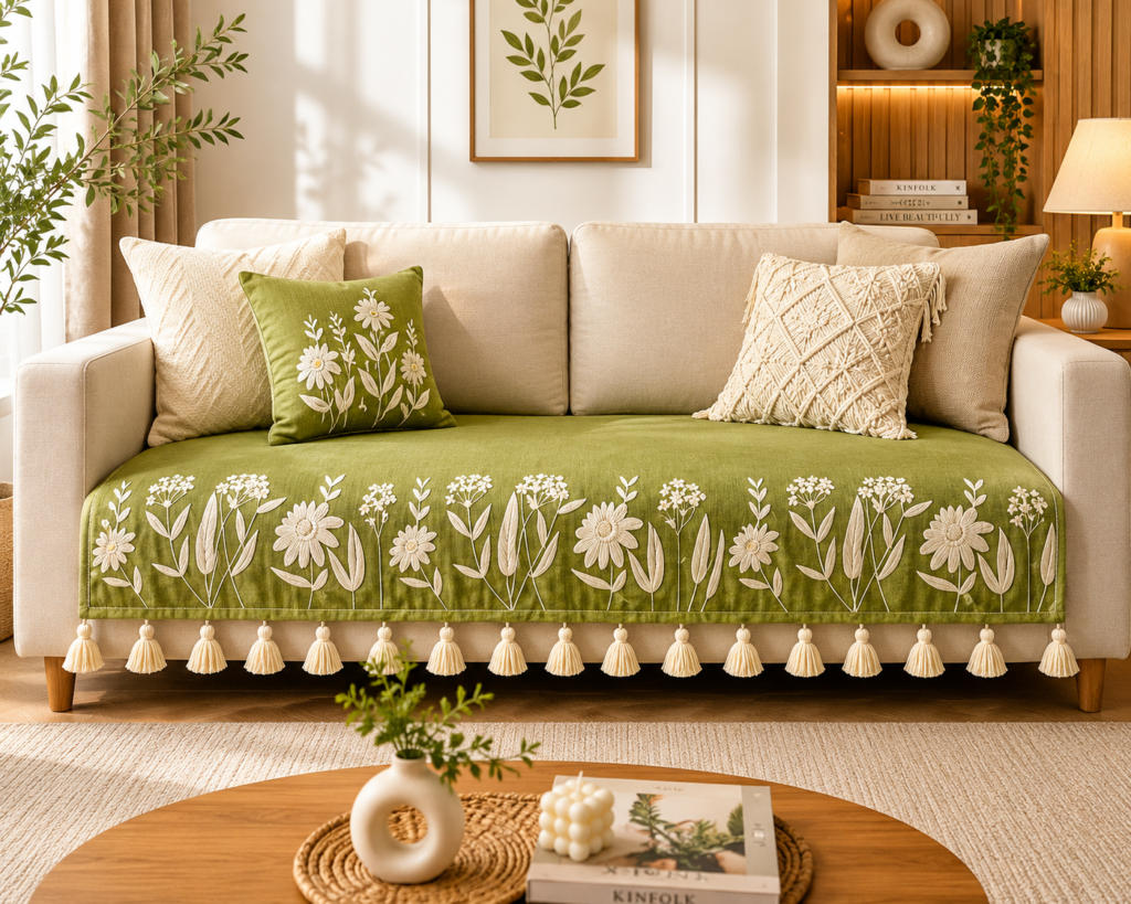 Olive Green Floral Embroidered Sofa Cover Runner with Tassels – Premium Slub Cotton Sofa Throw for Living Room