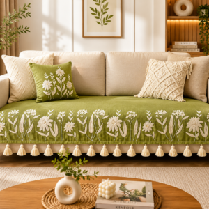 Olive Green Floral Embroidered Sofa Cover Runner with Tassels – Premium Slub Cotton Sofa Throw for Living Room
