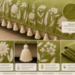 Olive Green Floral Embroidered Sofa Cover Runner with Tassels – Premium Slub Cotton Sofa Throw for Living Room