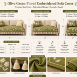 Olive Green Floral Embroidered Sofa Cover Runner with Tassels – Premium Slub Cotton Sofa Throw for Living Room