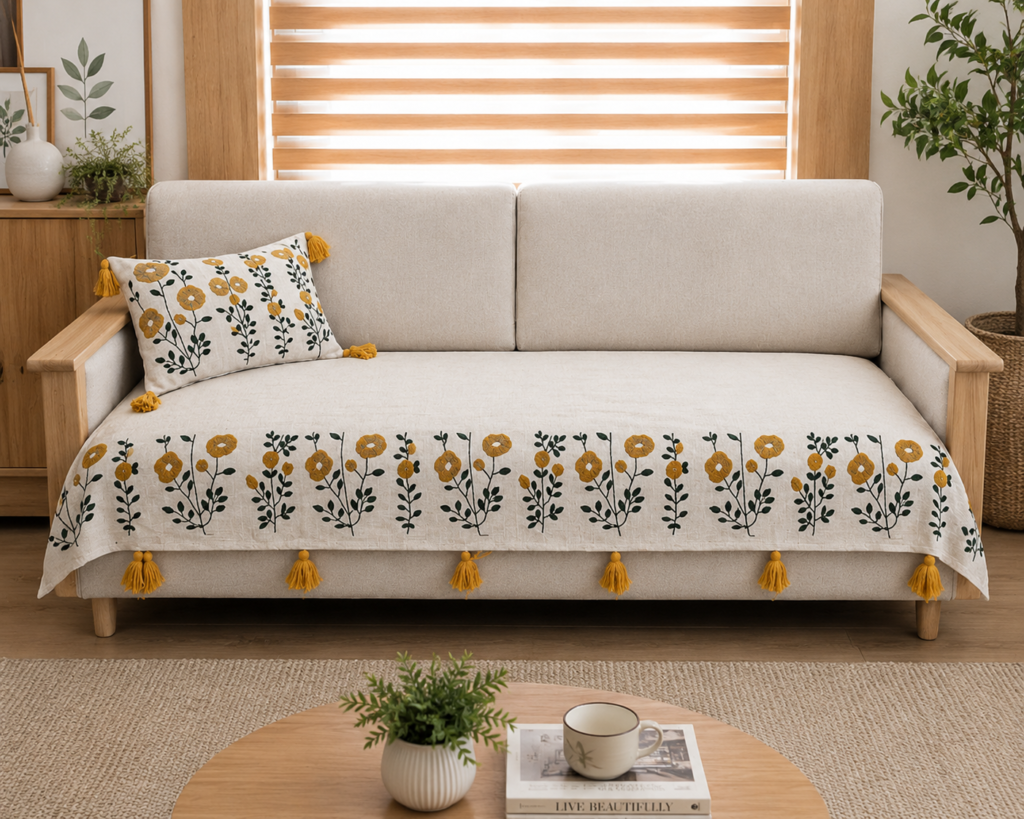 Beige Floral Embroidered Sofa Cover – Premium Slub Cotton Designer Set with Decorative Tassels | TheLitLoom