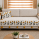 Beige Floral Embroidered Sofa Cover – Premium Slub Cotton Designer Set with Decorative Tassels | TheLitLoom
