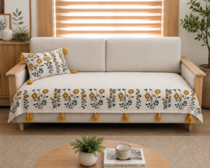 Beige Floral Embroidered Sofa Cover – Premium Slub Cotton Designer Set with Decorative Tassels | TheLitLoom