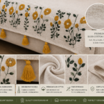 Beige Floral Embroidered Sofa Cover – Premium Slub Cotton Designer Set with Decorative Tassels | TheLitLoom