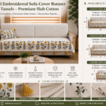 Beige Floral Embroidered Sofa Cover – Premium Slub Cotton Designer Set with Decorative Tassels | TheLitLoom