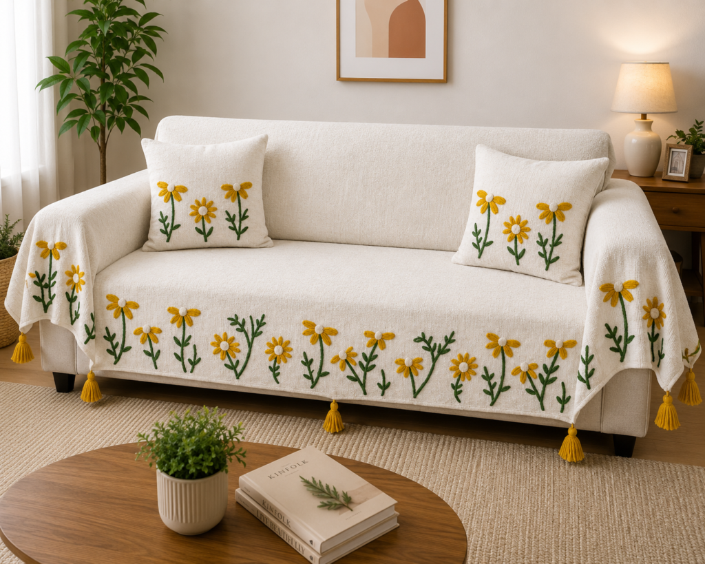 tessel and embrodiery and slug cotton add these word in the title   White Daisy Floral Embroidered Sofa Cover – Premium Slub Cotton Set with Decorative Tassels | TheLitLoom