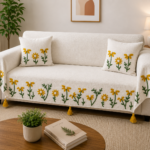 tessel and embrodiery and slug cotton add these word in the title   White Daisy Floral Embroidered Sofa Cover – Premium Slub Cotton Set with Decorative Tassels | TheLitLoom