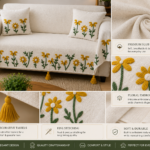 tessel and embrodiery and slug cotton add these word in the title   White Daisy Floral Embroidered Sofa Cover – Premium Slub Cotton Set with Decorative Tassels | TheLitLoom