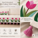 Hand Embroidered Tulip Sofa Runner/Cover with Tassels Edging – Premium Slub Cotton Sofa Throw for Living Room
