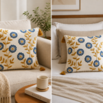 TheLitLoom Hand-Embroidered Floral Cushion Cover – Luxury Cotton Pillow with Tassels