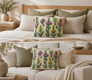 TheLitLoom Hand-Embroidered Floral Cushion Cover – Luxury Cotton Pillow with Tassels