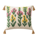 TheLitLoom Hand-Embroidered Floral Cushion Cover – Luxury Cotton Pillow with Tassels